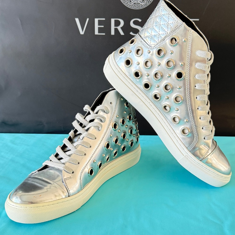 Versace Versus Men's Silver Riveted High Top‎ Leather Sneakers, 39 - Picture 15 of 15